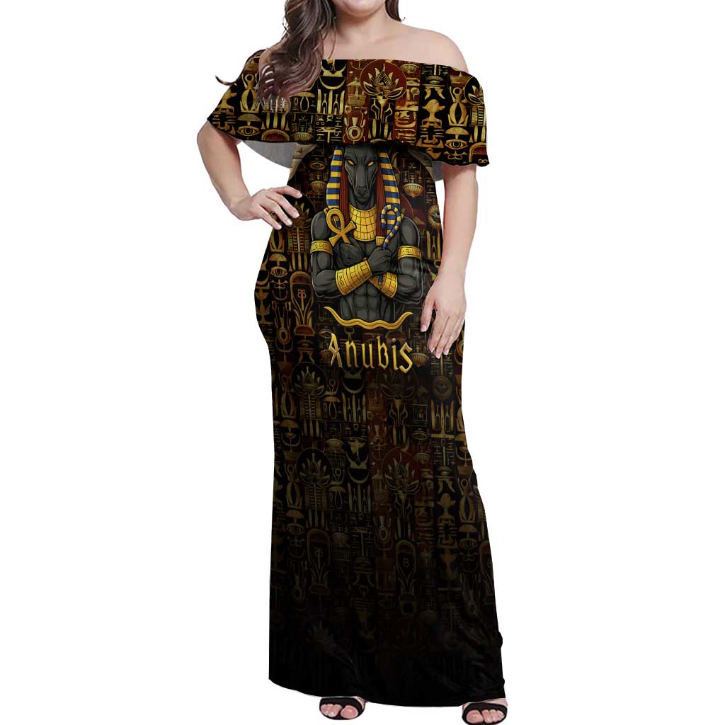 Anubis Egypt Off Shoulder Maxi Dress with Ancient Hieroglyph Pharaoh Spirit