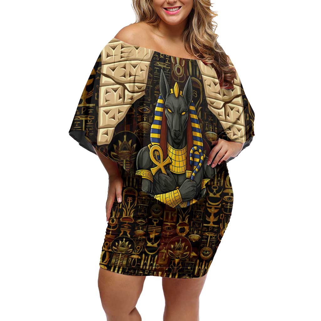 Anubis Egypt Off Shoulder Short Dress with Ancient Hieroglyph Pharaoh Spirit