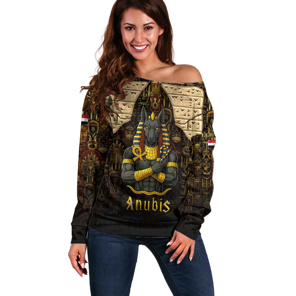 Anubis Egypt Off Shoulder Sweater with Ancient Hieroglyph Pharaoh Spirit