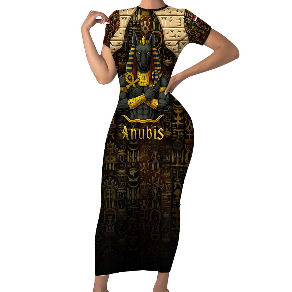 Anubis Egypt Short Sleeve Bodycon Dress with Ancient Hieroglyph Pharaoh Spirit