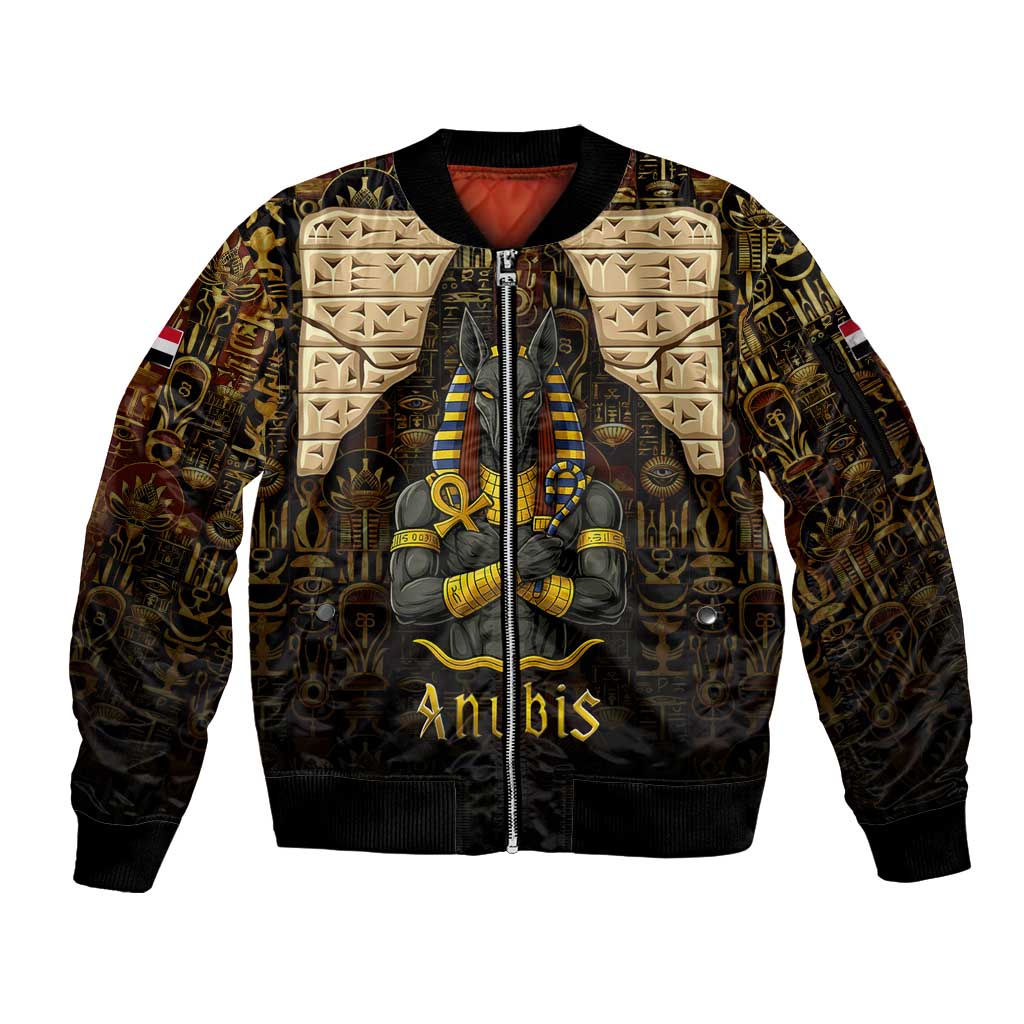Anubis Egypt Sleeve Zip Bomber Jacket with Ancient Hieroglyph Pharaoh Spirit