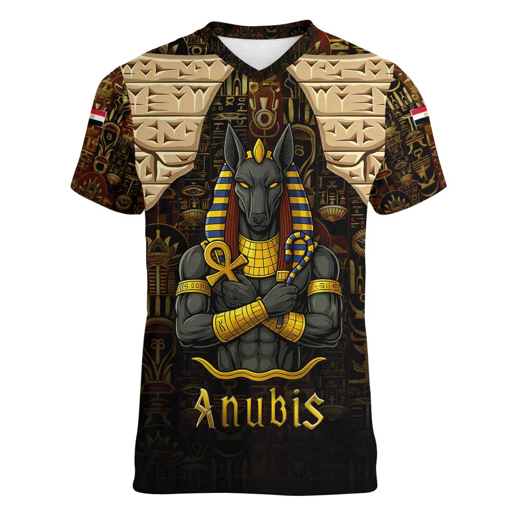 Anubis Egypt Women V-Neck T-Shirt with Ancient Hieroglyph Pharaoh Spirit