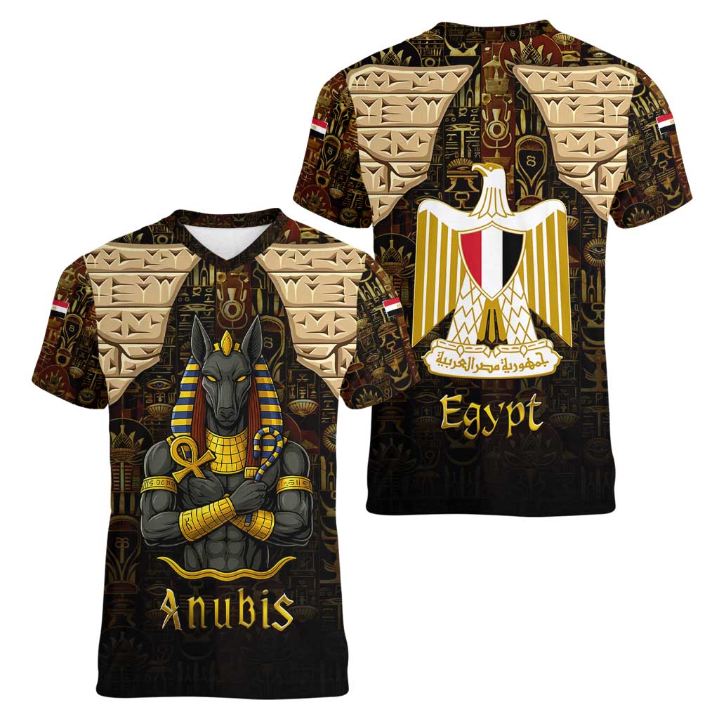 Anubis Egypt Women V-Neck T-Shirt with Ancient Hieroglyph Pharaoh Spirit
