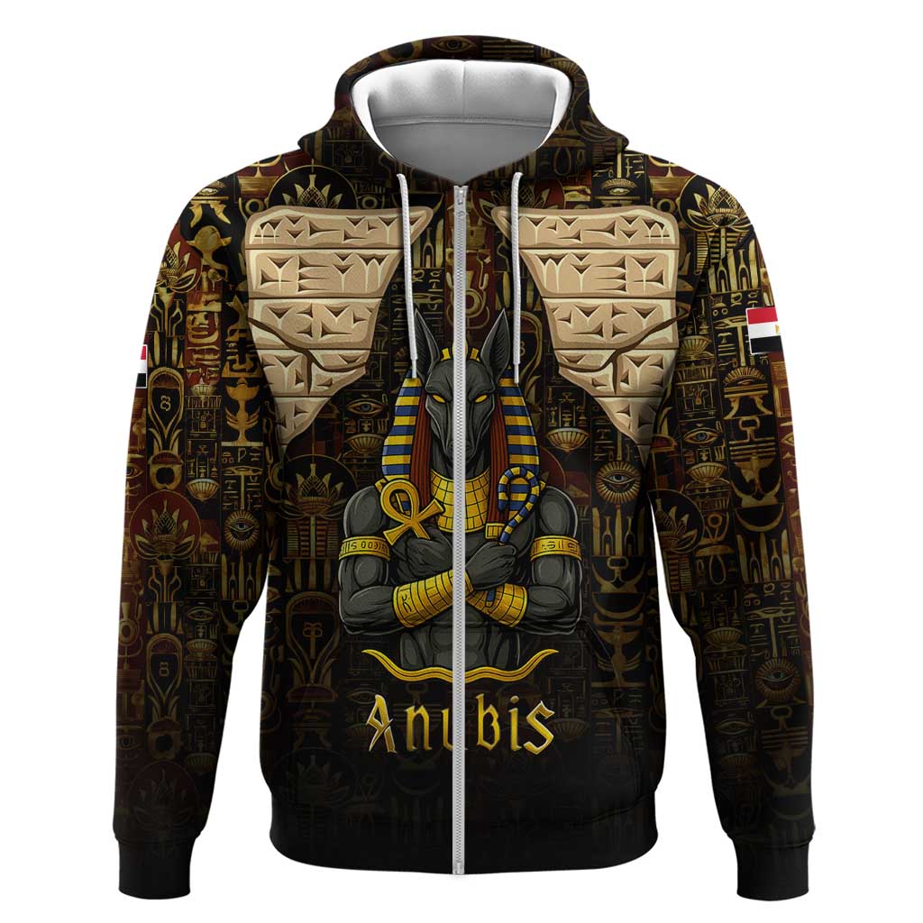 Anubis Egypt Zip Hoodie with Ancient Hieroglyph Pharaoh Spirit