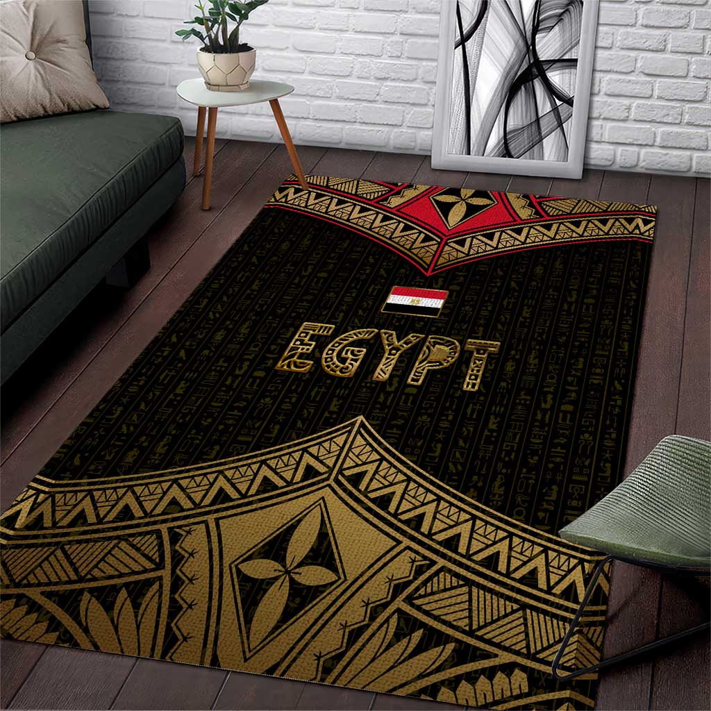 Ankh Eye of Horus Egypt Area Rug with Ancient Black Gold Hieroglyph Spirit