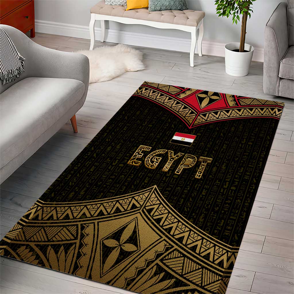 Ankh Eye of Horus Egypt Area Rug with Ancient Black Gold Hieroglyph Spirit