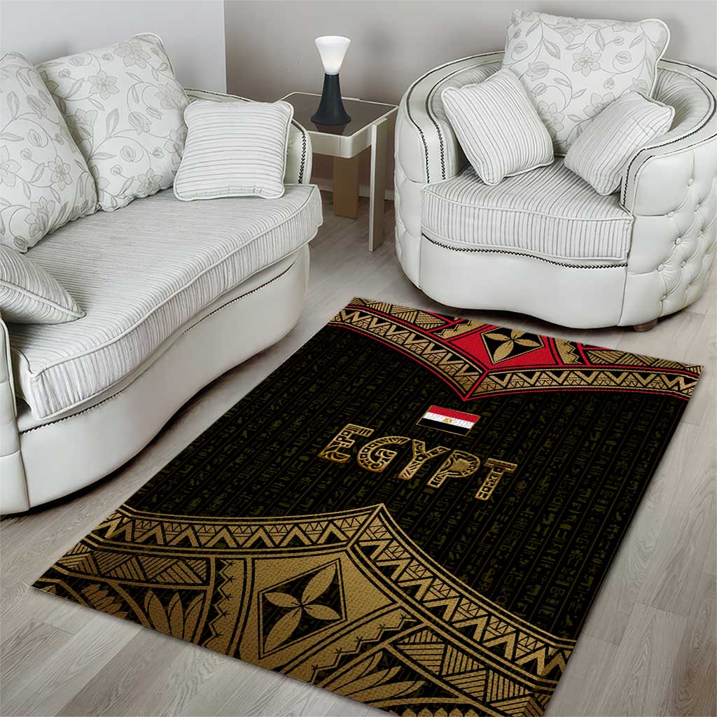 Ankh Eye of Horus Egypt Area Rug with Ancient Black Gold Hieroglyph Spirit