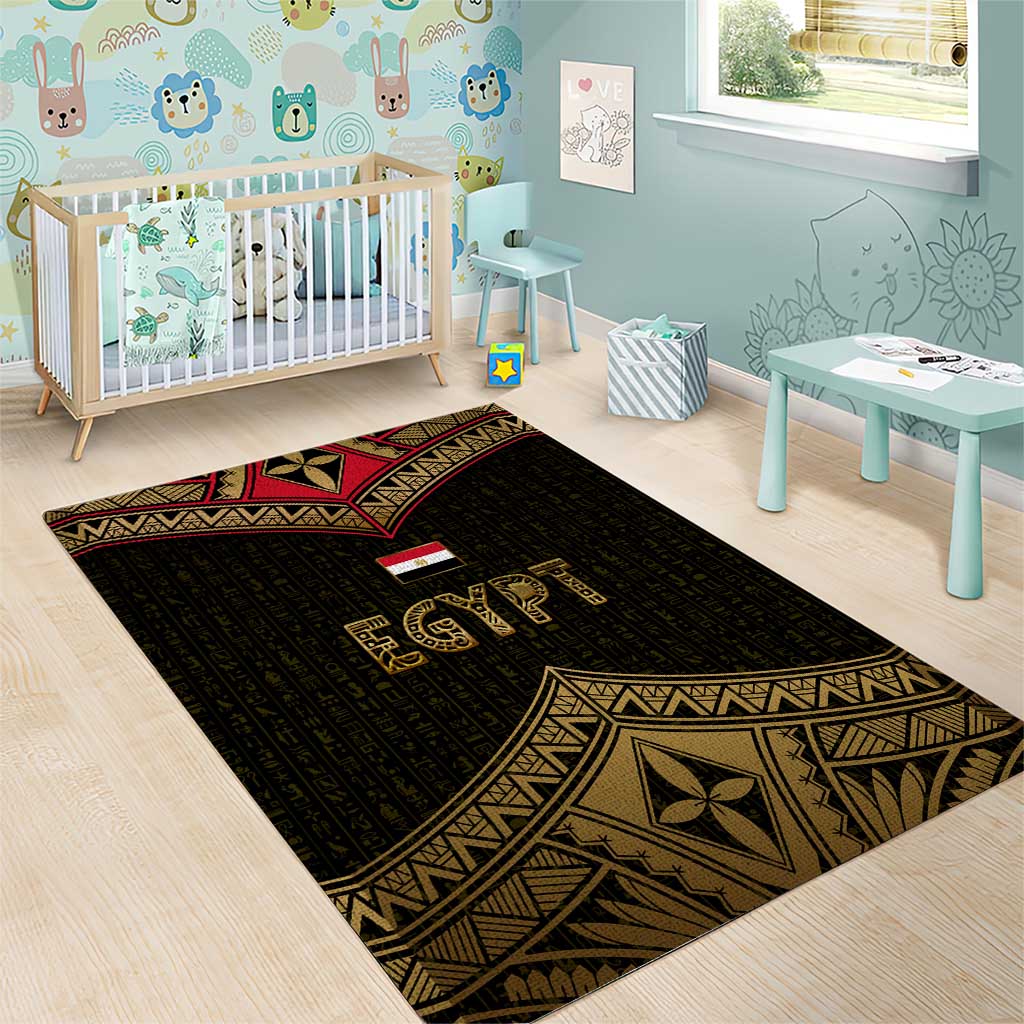 Ankh Eye of Horus Egypt Area Rug with Ancient Black Gold Hieroglyph Spirit