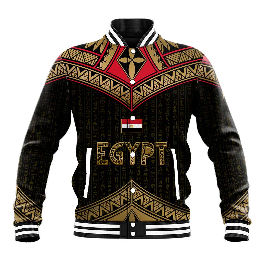 Ankh Eye of Horus Egypt Baseball Jacket with Ancient Black Gold Hieroglyph Spirit