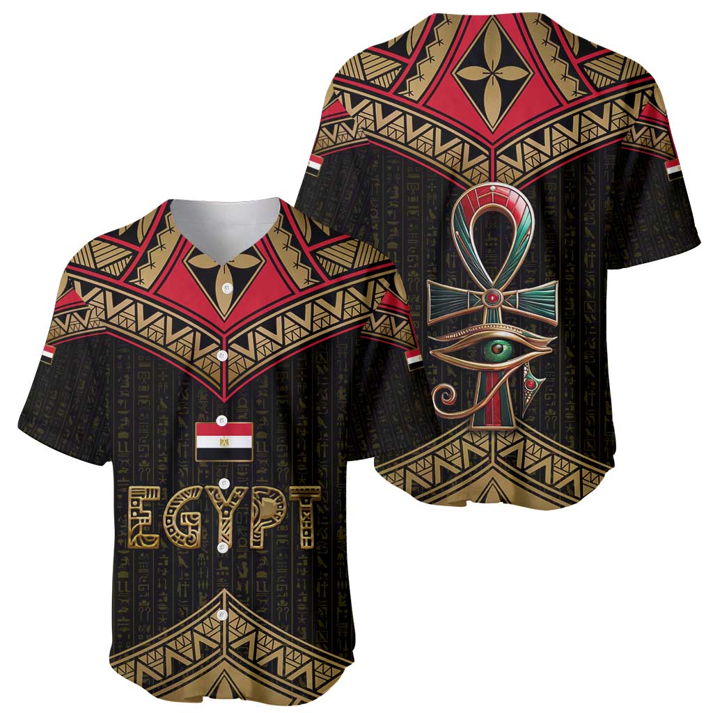 Ankh Eye of Horus Egypt Baseball Jersey with Ancient Black Gold Hieroglyph Spirit