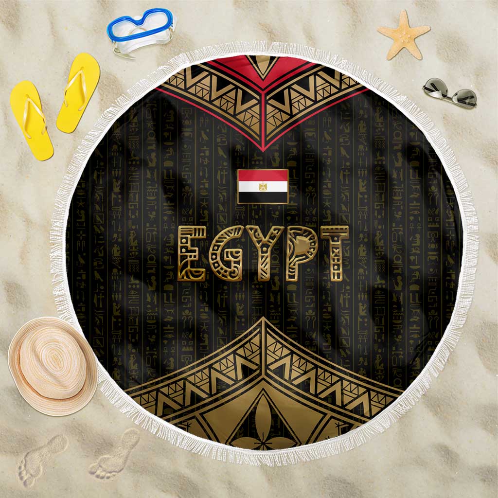 Ankh Eye of Horus Egypt Beach Blanket with Ancient Black Gold Hieroglyph Spirit