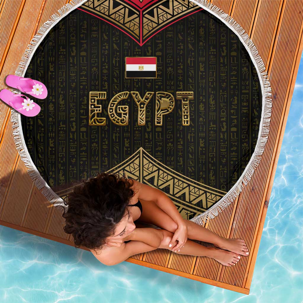 Ankh Eye of Horus Egypt Beach Blanket with Ancient Black Gold Hieroglyph Spirit