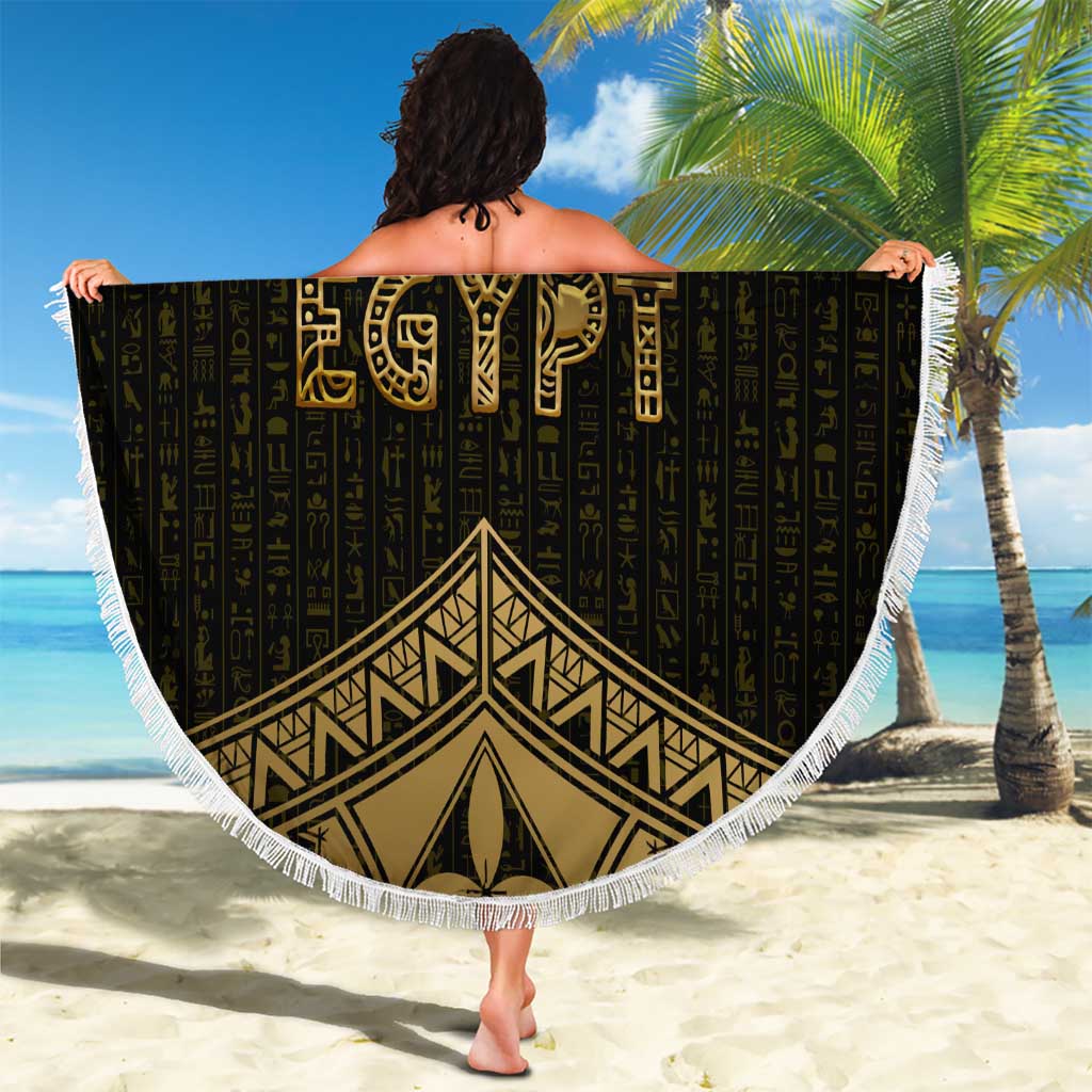 Ankh Eye of Horus Egypt Beach Blanket with Ancient Black Gold Hieroglyph Spirit