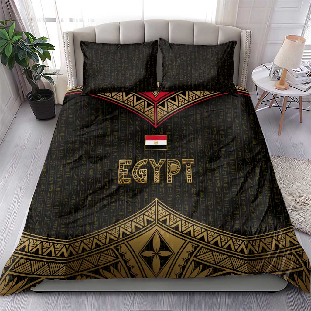 Ankh Eye of Horus Egypt Bedding Set with Ancient Black Gold Hieroglyph Spirit