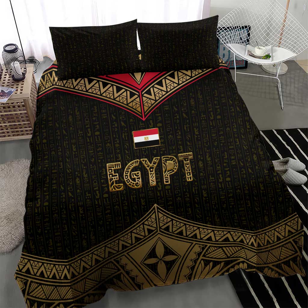 Ankh Eye of Horus Egypt Bedding Set with Ancient Black Gold Hieroglyph Spirit