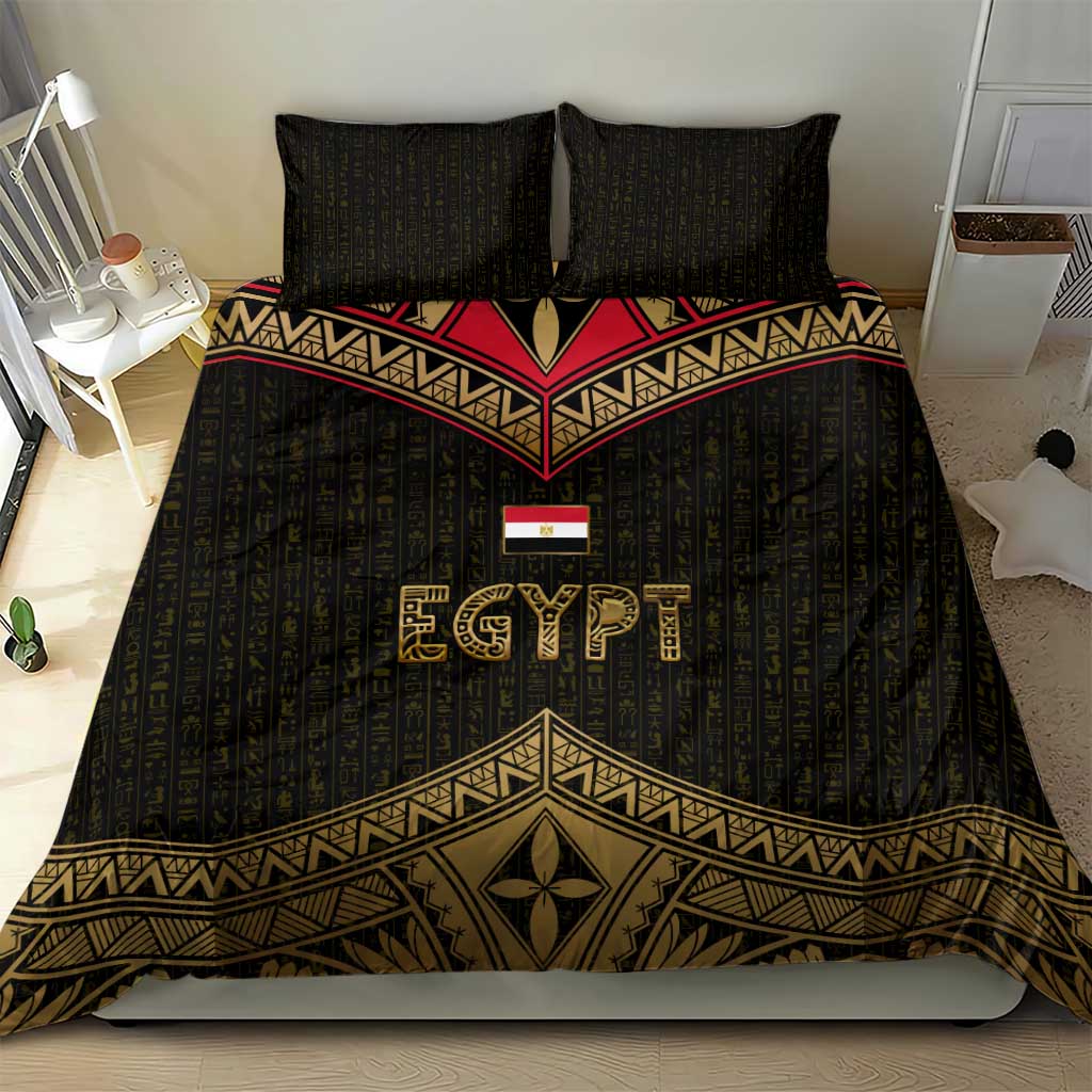 Ankh Eye of Horus Egypt Bedding Set with Ancient Black Gold Hieroglyph Spirit