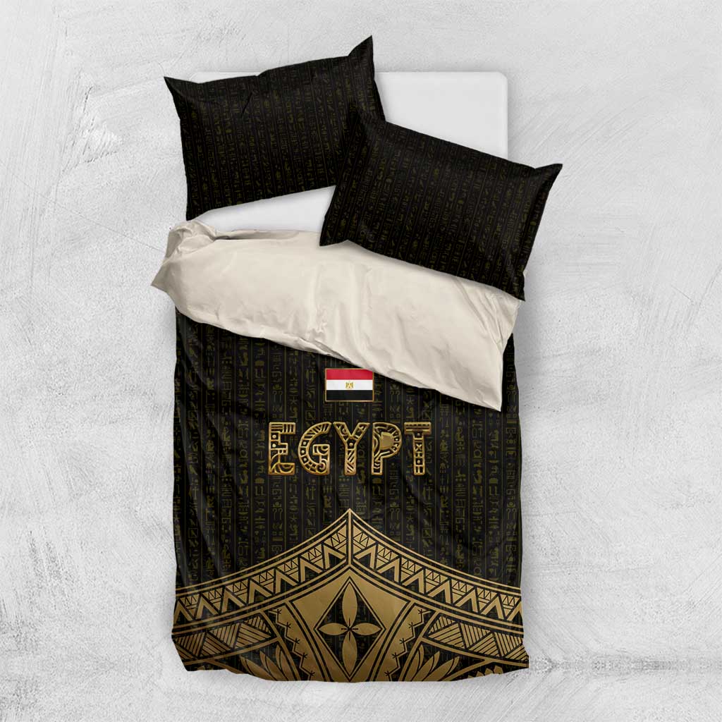 Ankh Eye of Horus Egypt Bedding Set with Ancient Black Gold Hieroglyph Spirit