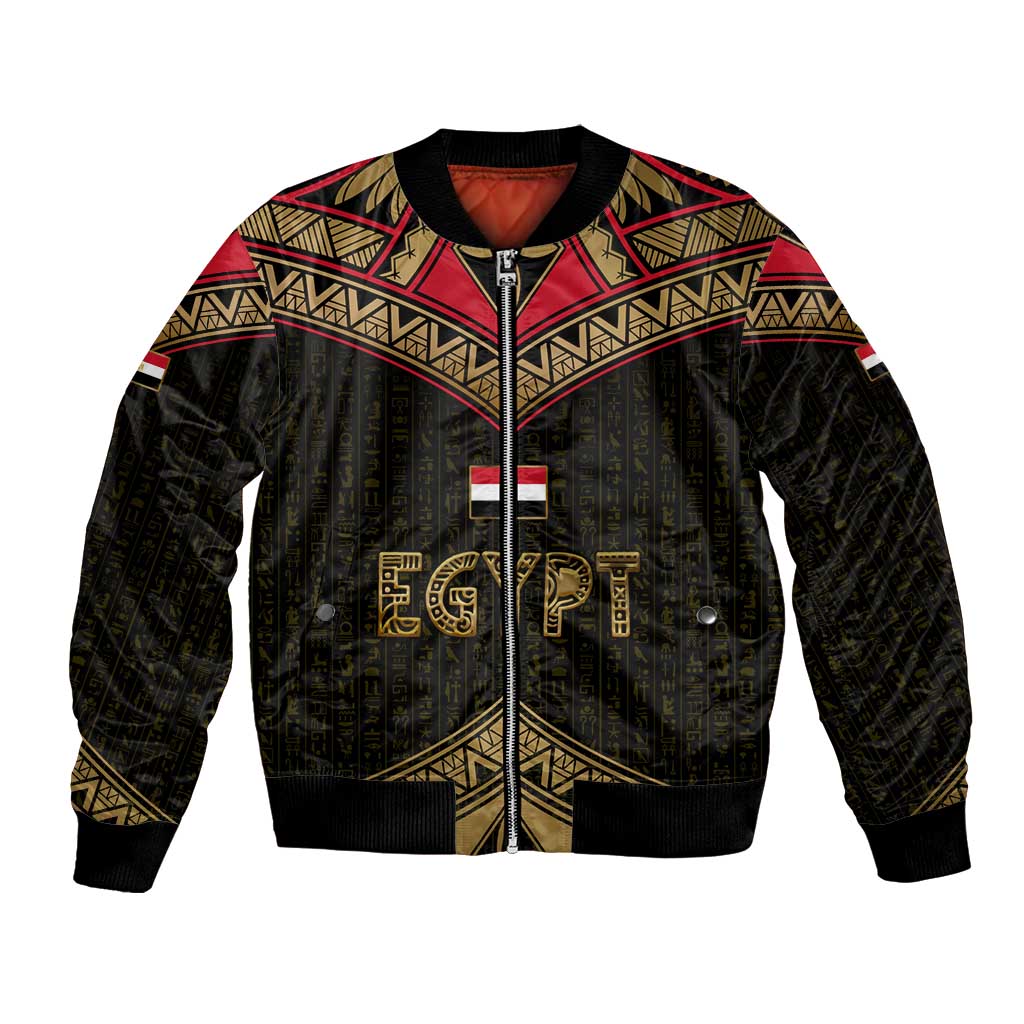 Ankh Eye of Horus Egypt Bomber Jacket with Ancient Black Gold Hieroglyph Spirit