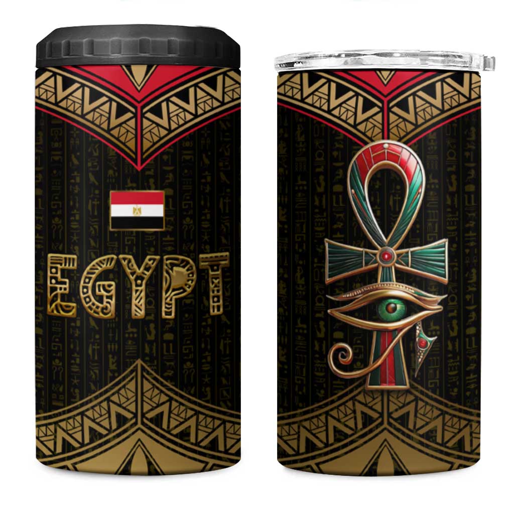 Ankh Eye of Horus Egypt 4 in 1 Can Cooler Tumbler with Ancient Black Gold Hieroglyph Spirit