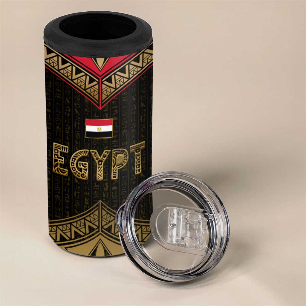 Ankh Eye of Horus Egypt 4 in 1 Can Cooler Tumbler with Ancient Black Gold Hieroglyph Spirit