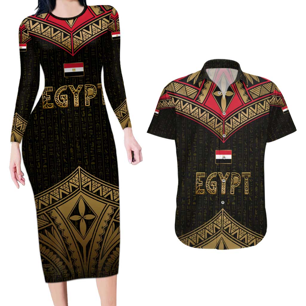 Ankh Eye of Horus Egypt Couples Matching Long Sleeve Bodycon Dress and Hawaiian Shirt with Ancient Black Gold Hieroglyph Spirit