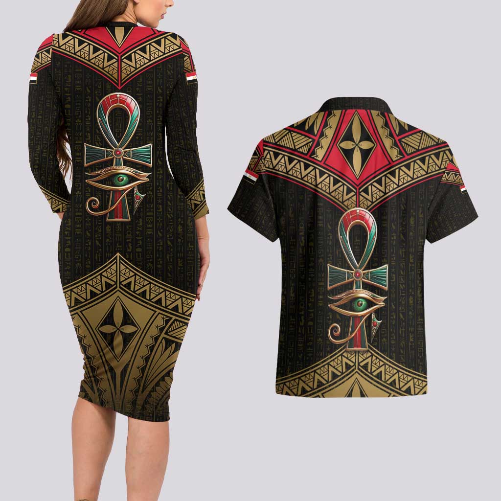 Ankh Eye of Horus Egypt Couples Matching Long Sleeve Bodycon Dress and Hawaiian Shirt with Ancient Black Gold Hieroglyph Spirit
