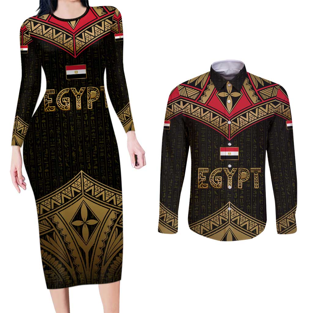 Ankh Eye of Horus Egypt Couples Matching Long Sleeve Bodycon Dress and Long Sleeve Button Shirt with Ancient Black Gold Hieroglyph Spirit