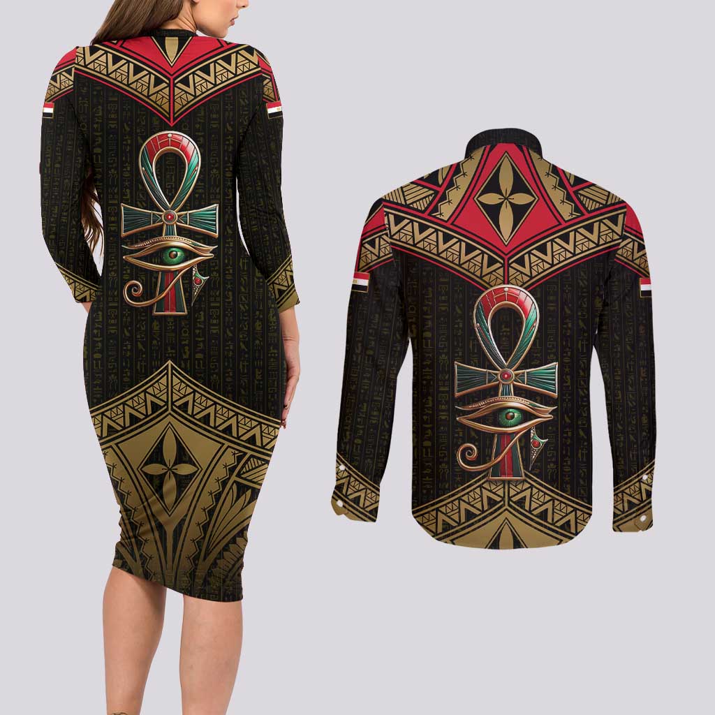 Ankh Eye of Horus Egypt Couples Matching Long Sleeve Bodycon Dress and Long Sleeve Button Shirt with Ancient Black Gold Hieroglyph Spirit