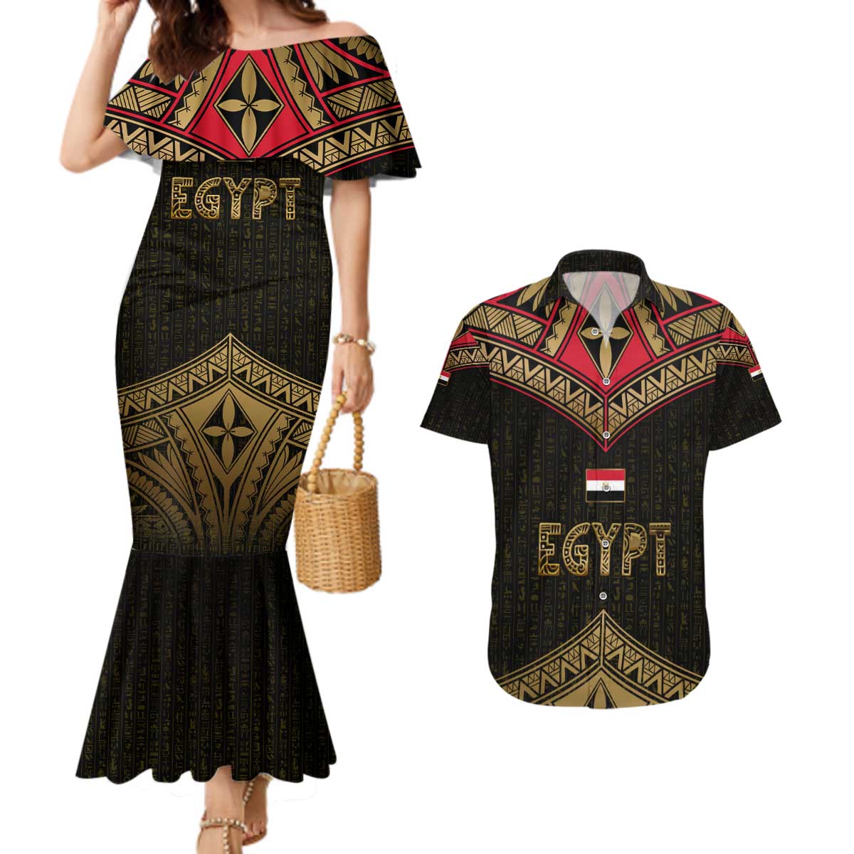Ankh Eye of Horus Egypt Couples Matching Mermaid Dress and Hawaiian Shirt with Ancient Black Gold Hieroglyph Spirit