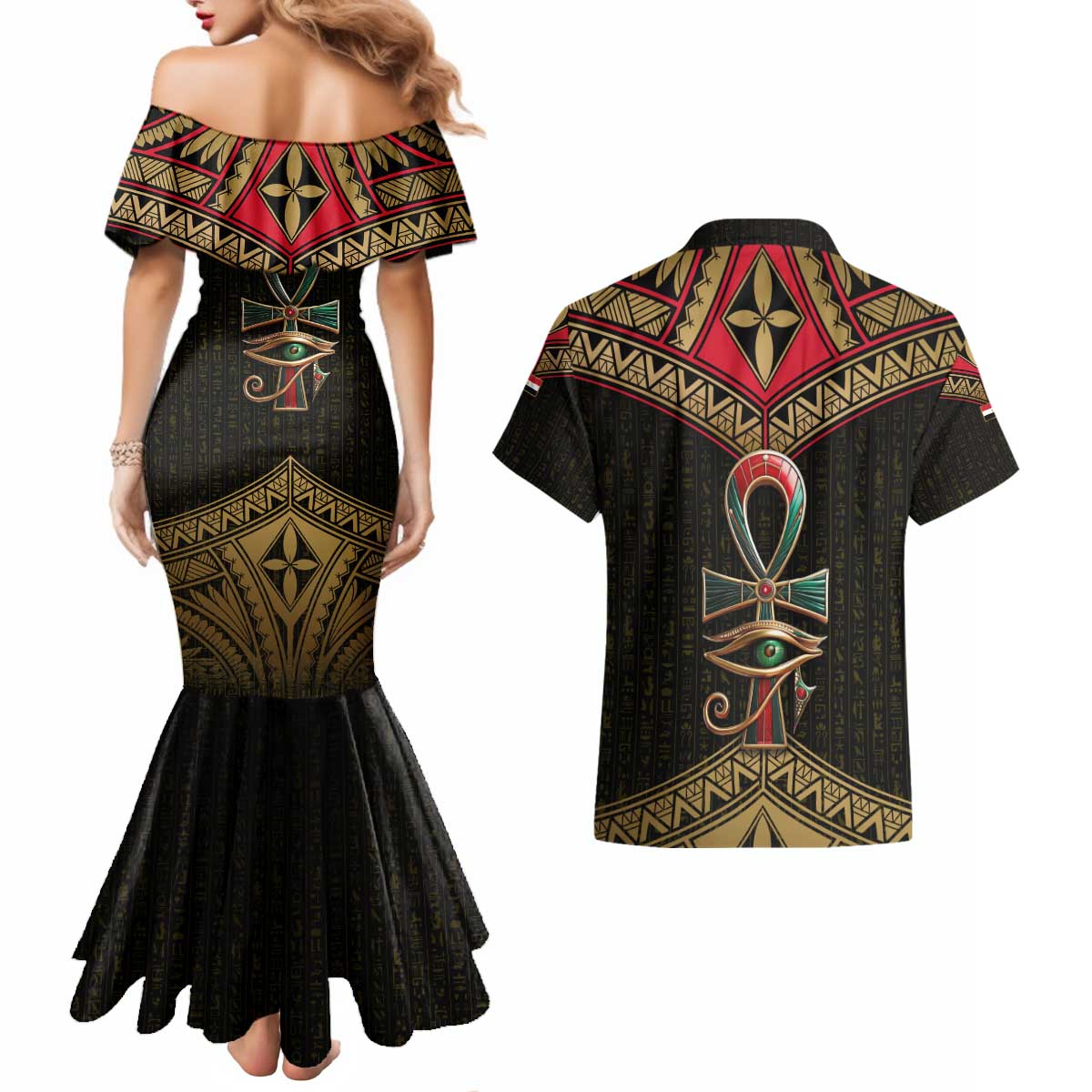 Ankh Eye of Horus Egypt Couples Matching Mermaid Dress and Hawaiian Shirt with Ancient Black Gold Hieroglyph Spirit
