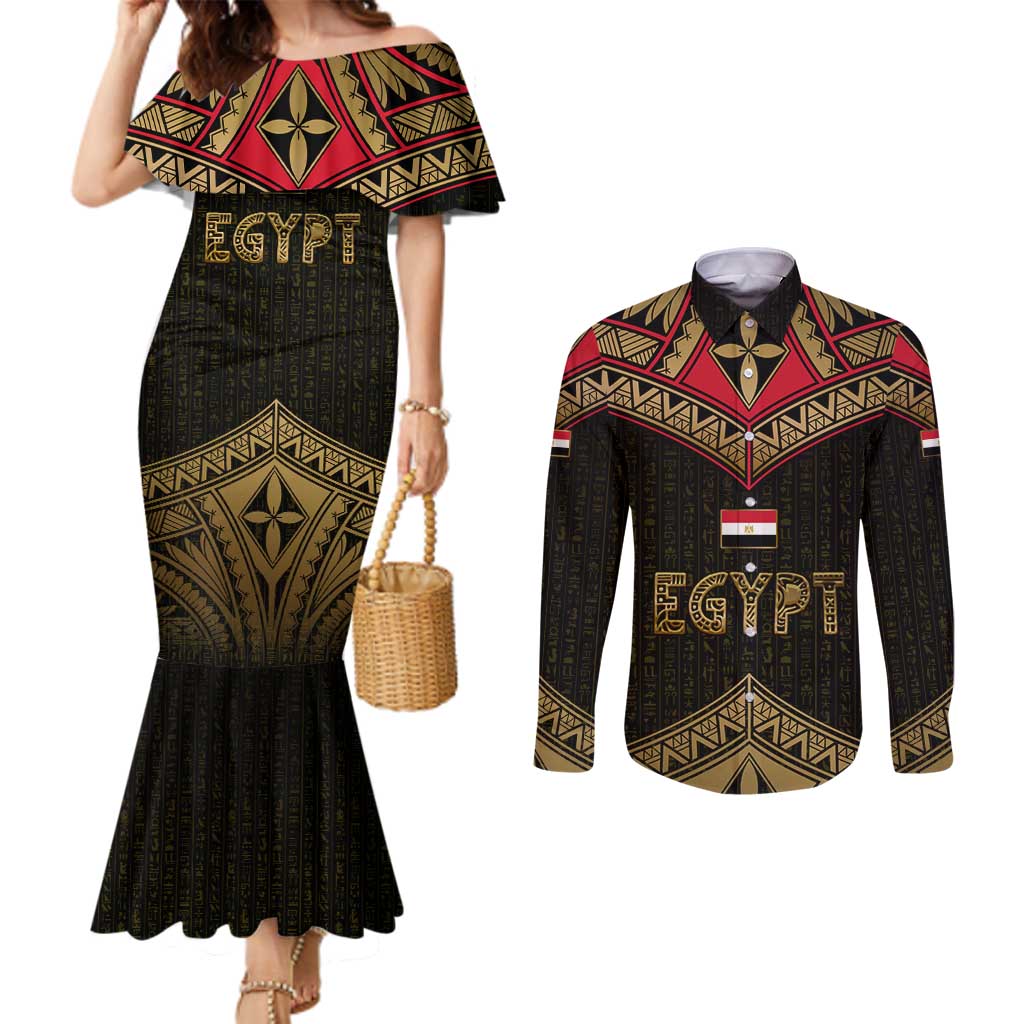 Ankh Eye of Horus Egypt Couples Matching Mermaid Dress and Long Sleeve Button Shirt with Ancient Black Gold Hieroglyph Spirit