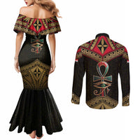 Ankh Eye of Horus Egypt Couples Matching Mermaid Dress and Long Sleeve Button Shirt with Ancient Black Gold Hieroglyph Spirit