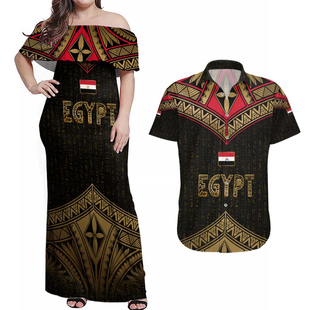 Ankh Eye of Horus Egypt Couples Matching Off Shoulder Maxi Dress and Hawaiian Shirt with Ancient Black Gold Hieroglyph Spirit