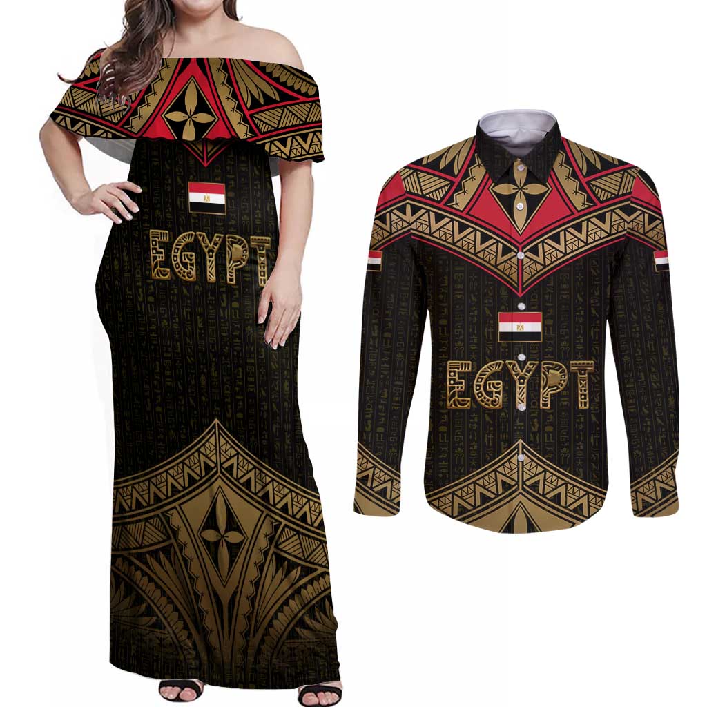 Ankh Eye of Horus Egypt Couples Matching Off Shoulder Maxi Dress and Long Sleeve Button Shirt with Ancient Black Gold Hieroglyph Spirit