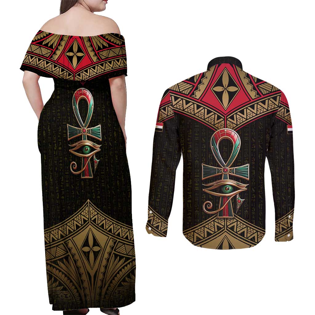 Ankh Eye of Horus Egypt Couples Matching Off Shoulder Maxi Dress and Long Sleeve Button Shirt with Ancient Black Gold Hieroglyph Spirit