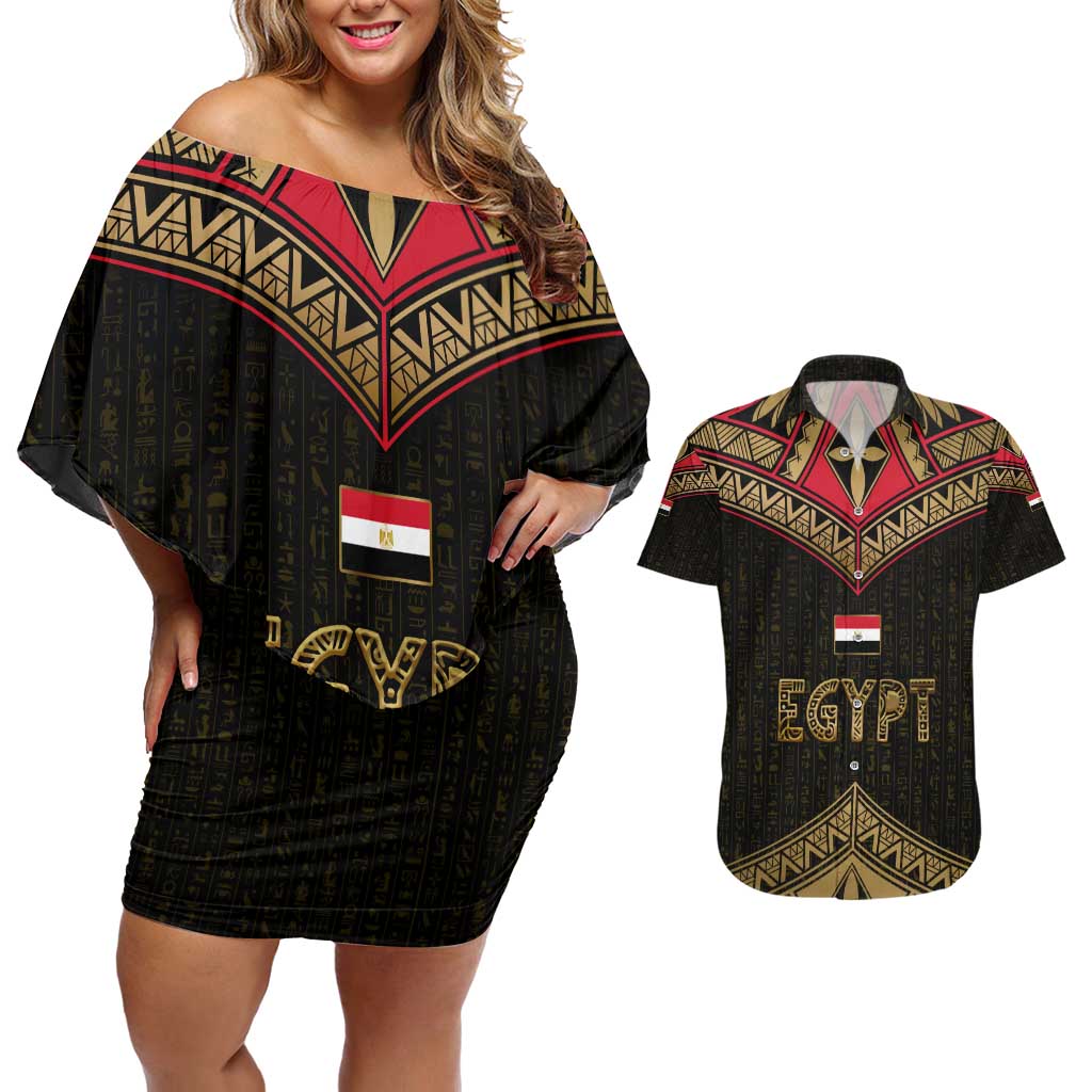 Ankh Eye of Horus Egypt Couples Matching Off Shoulder Short Dress and Hawaiian Shirt with Ancient Black Gold Hieroglyph Spirit