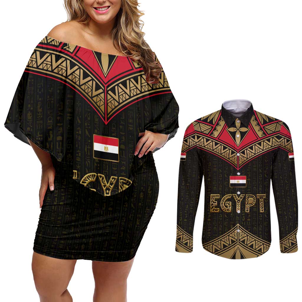 Ankh Eye of Horus Egypt Couples Matching Off Shoulder Short Dress and Long Sleeve Button Shirt with Ancient Black Gold Hieroglyph Spirit