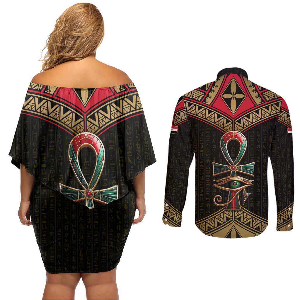Ankh Eye of Horus Egypt Couples Matching Off Shoulder Short Dress and Long Sleeve Button Shirt with Ancient Black Gold Hieroglyph Spirit