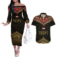 Ankh Eye of Horus Egypt Couples Matching Off The Shoulder Long Sleeve Dress and Hawaiian Shirt with Ancient Black Gold Hieroglyph Spirit