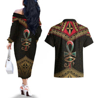Ankh Eye of Horus Egypt Couples Matching Off The Shoulder Long Sleeve Dress and Hawaiian Shirt with Ancient Black Gold Hieroglyph Spirit