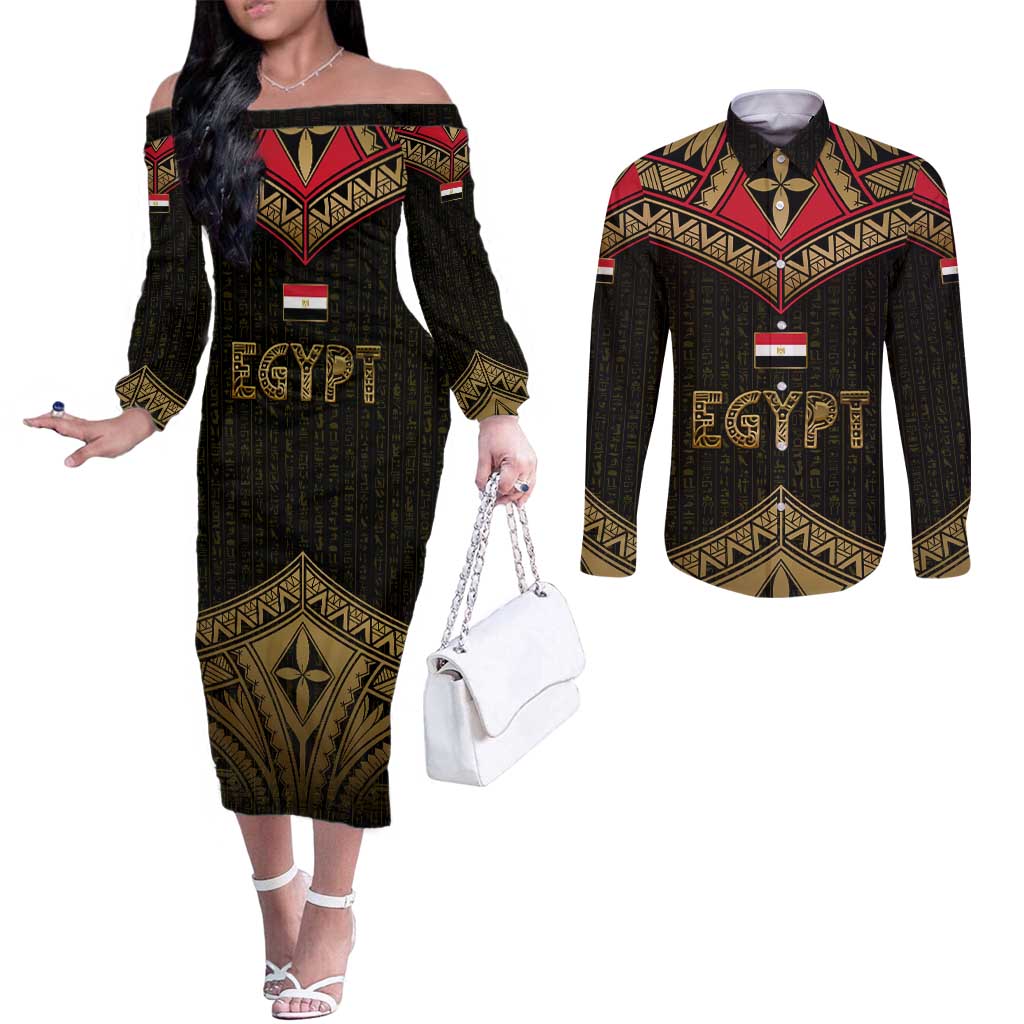 Ankh Eye of Horus Egypt Couples Matching Off The Shoulder Long Sleeve Dress and Long Sleeve Button Shirt with Ancient Black Gold Hieroglyph Spirit