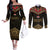 Ankh Eye of Horus Egypt Couples Matching Off The Shoulder Long Sleeve Dress and Long Sleeve Button Shirt with Ancient Black Gold Hieroglyph Spirit