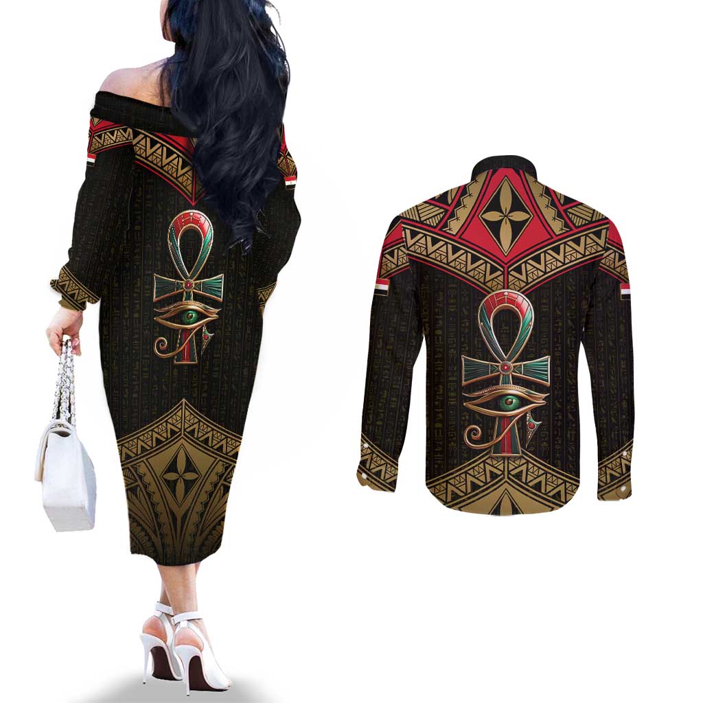 Ankh Eye of Horus Egypt Couples Matching Off The Shoulder Long Sleeve Dress and Long Sleeve Button Shirt with Ancient Black Gold Hieroglyph Spirit