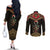 Ankh Eye of Horus Egypt Couples Matching Off The Shoulder Long Sleeve Dress and Long Sleeve Button Shirt with Ancient Black Gold Hieroglyph Spirit