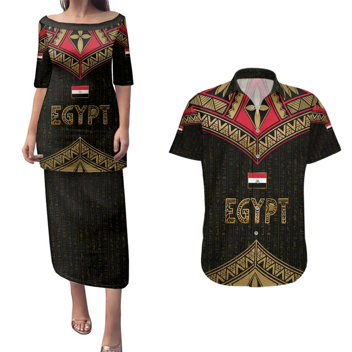 Ankh Eye of Horus Egypt Couples Matching Puletasi and Hawaiian Shirt with Ancient Black Gold Hieroglyph Spirit
