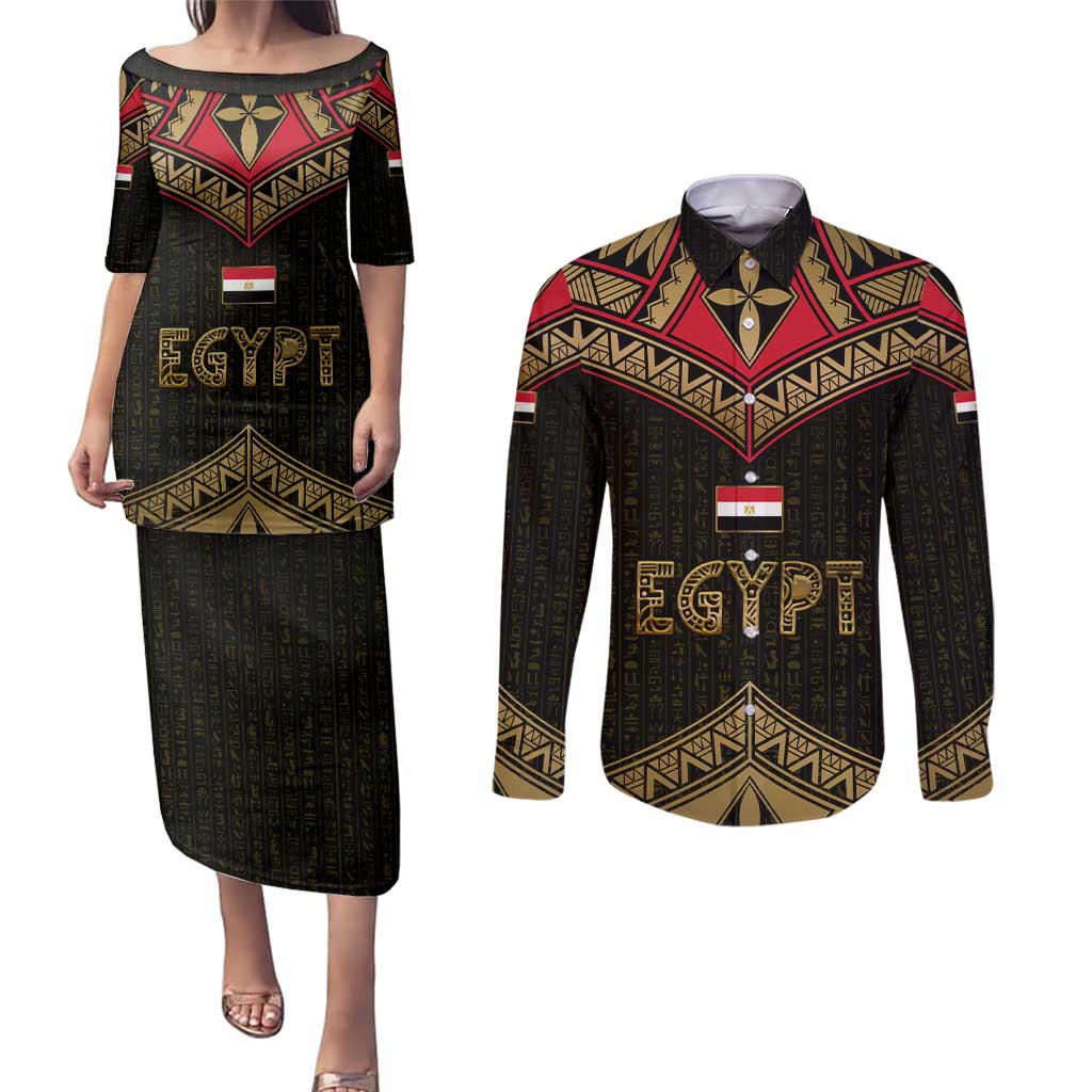 Ankh Eye of Horus Egypt Couples Matching Puletasi and Long Sleeve Button Shirt with Ancient Black Gold Hieroglyph Spirit