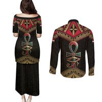 Ankh Eye of Horus Egypt Couples Matching Puletasi and Long Sleeve Button Shirt with Ancient Black Gold Hieroglyph Spirit