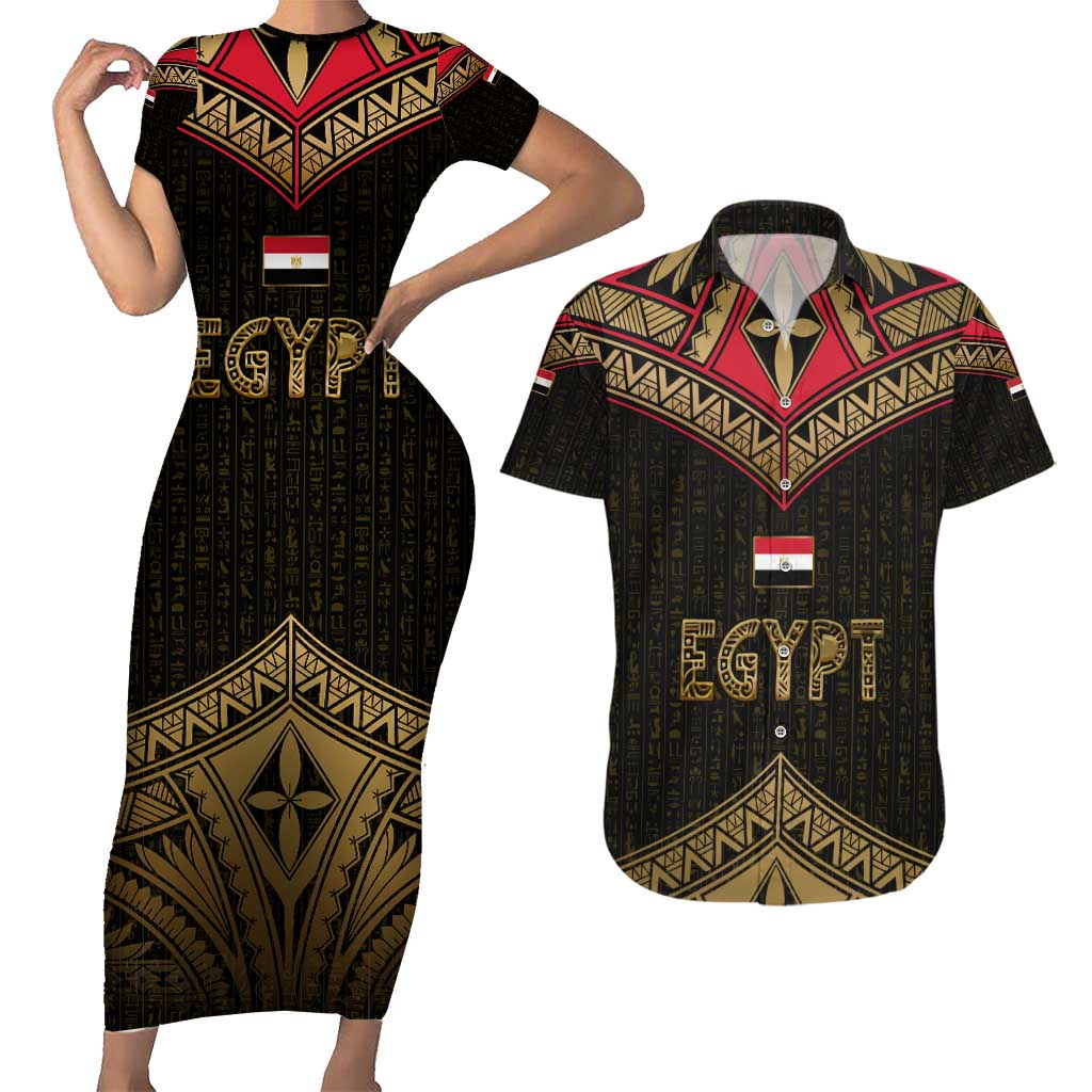 Ankh Eye of Horus Egypt Couples Matching Short Sleeve Bodycon Dress and Hawaiian Shirt with Ancient Black Gold Hieroglyph Spirit