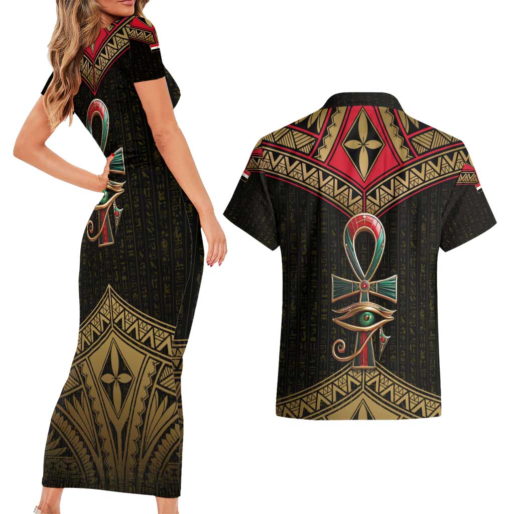 Ankh Eye of Horus Egypt Couples Matching Short Sleeve Bodycon Dress and Hawaiian Shirt with Ancient Black Gold Hieroglyph Spirit