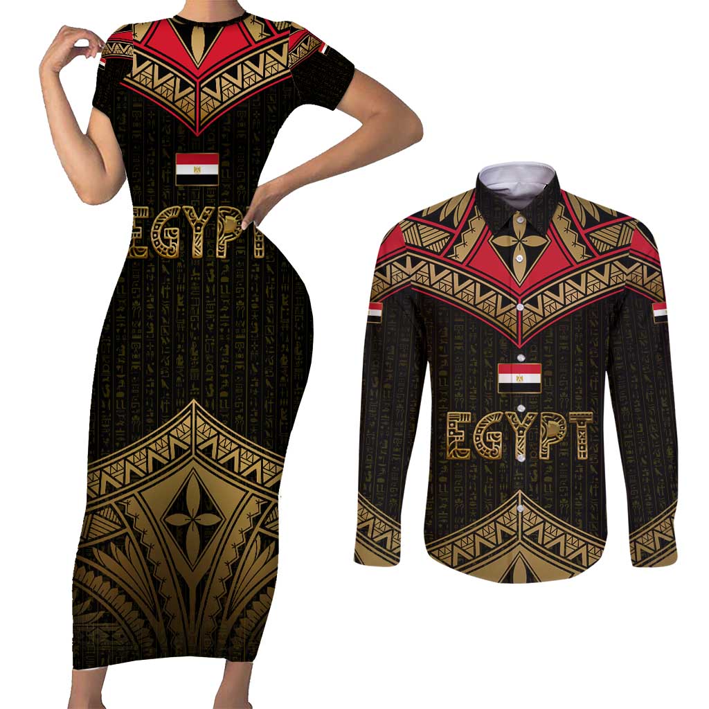 Ankh Eye of Horus Egypt Couples Matching Short Sleeve Bodycon Dress and Long Sleeve Button Shirt with Ancient Black Gold Hieroglyph Spirit
